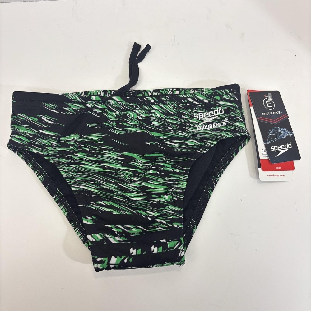 NWT Speedo Endurance+ Swim Brief Bottom Boys 26 / 10 Green Black Swim Suit